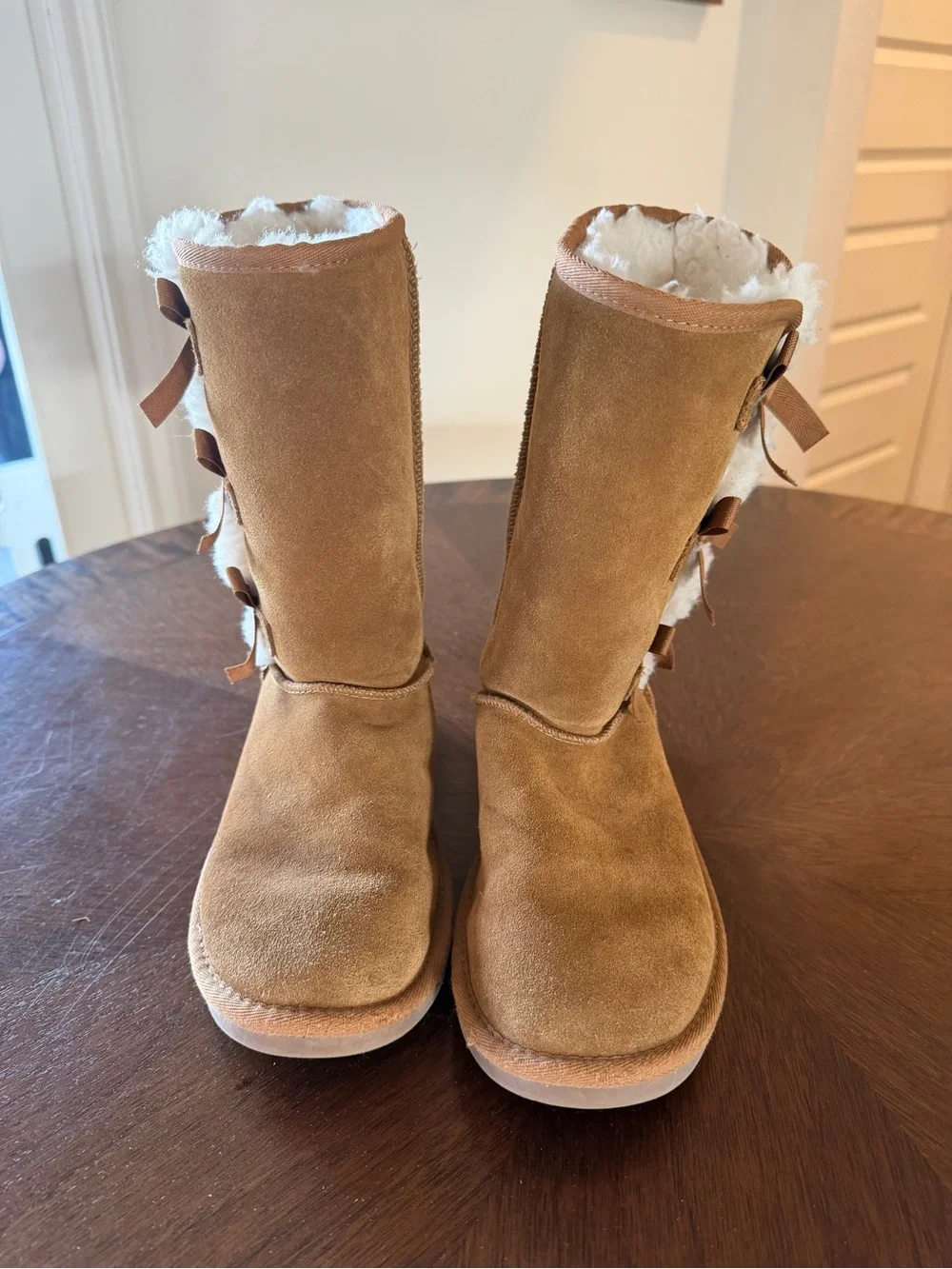 Koolaburra Chestnut Suede Mid-Calf Shearling Boots with Side Bows